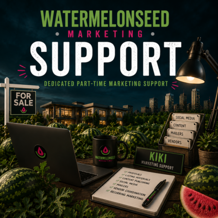 A workspace filled with watermelon plants showcases a laptop, mug, notepad, and a desk sign labeled "Kiki Marketing Support." Prominently displayed text highlights the "Part-Time Marketing Support" product—ideal for businesses needing flexible and professional marketing solutions.