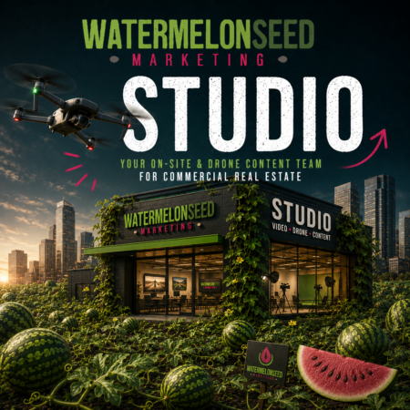 A modern studio labeled "Pro" sits in a watermelon field, with a drone flying above and a city skyline in the background.