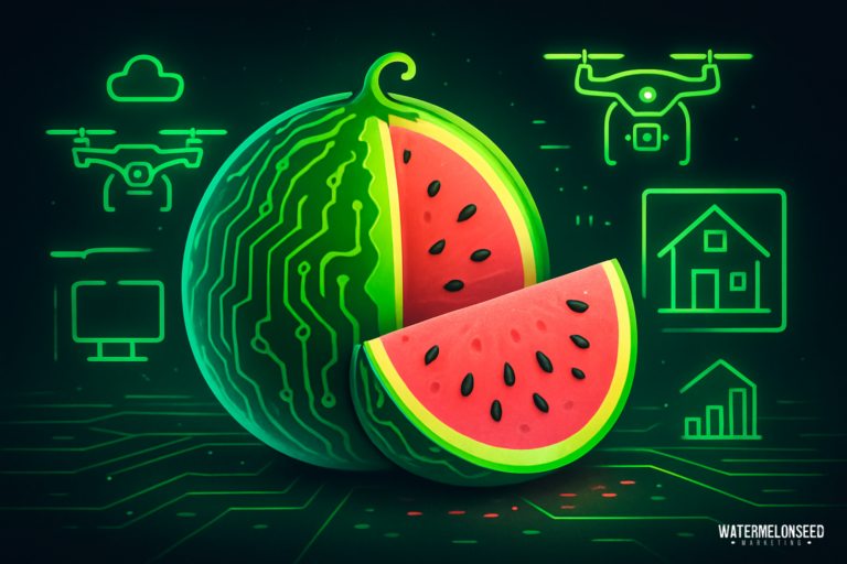 A watermelon with a circuit board pattern is shown with tech icons, including a drone representing drone videography for real estate, computer, cloud, house, and graph, on a green digital background.