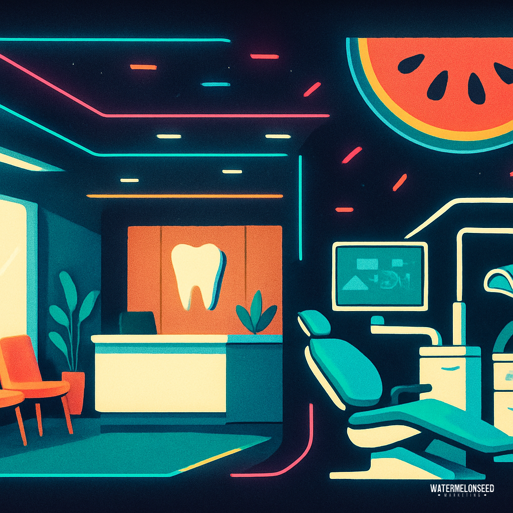 A brightly lit modern dental office with neon accents, an exam chair, a large tooth icon behind the front desk, and a watermelon mural on the wall—perfect for standout Google Business Profile photos.
