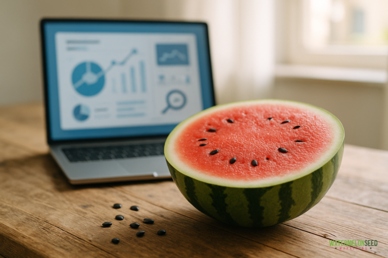 A halved watermelon and scattered seeds sit on a wooden table in front of an open laptop displaying charts, graphs, and insights on the best SEO practices for small businesses.
