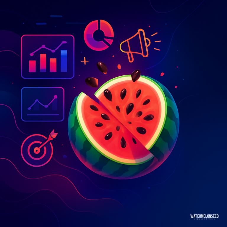 A sliced watermelon with seeds is surrounded by marketing and analytics icons on a vibrant, abstract background, illustrating the concept of avoiding dental marketing mistakes through effective strategy and analysis.