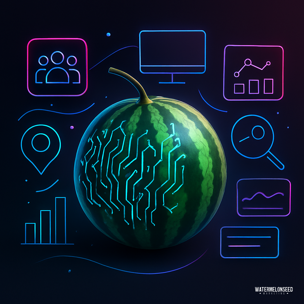 A watermelon with a circuit pattern is surrounded by digital icons for data, analysis, and communication on a dark background, symbolizing the connection between technology and local authority SEO strategies.