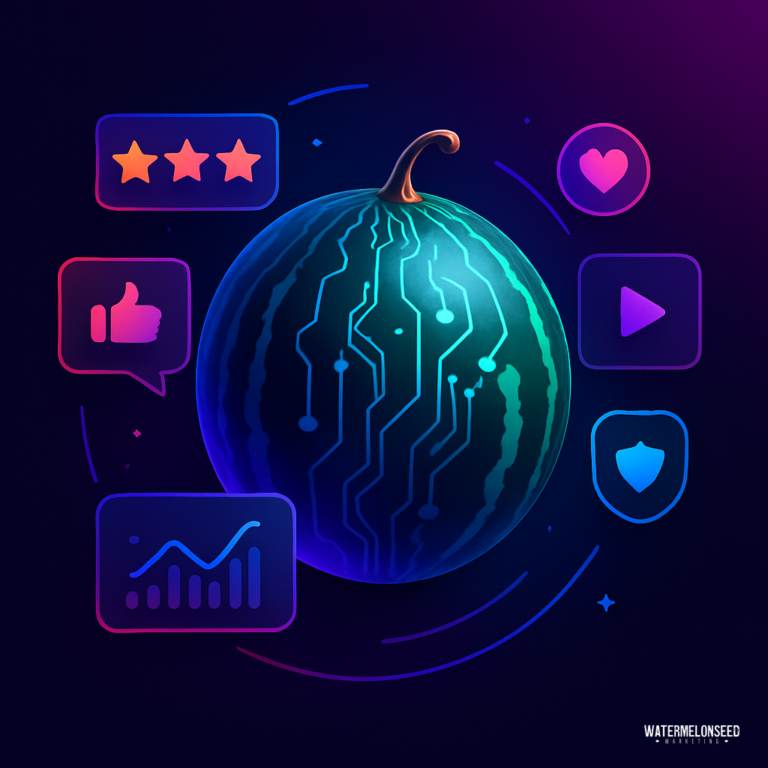 A digital watermelon with circuitry overlays surrounded by icons for rating, like, play, shield, and analytics on a dark background visually represents online trust for dentists in today’s digital landscape.
