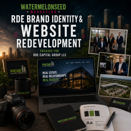 A digital display showcases the RDE Brand Identity & Website Redevelopment, featuring branding materials alongside a camera, color palette, business cards, and a city skyline at dusk in the background—demonstrating the company’s cohesive brand identity.