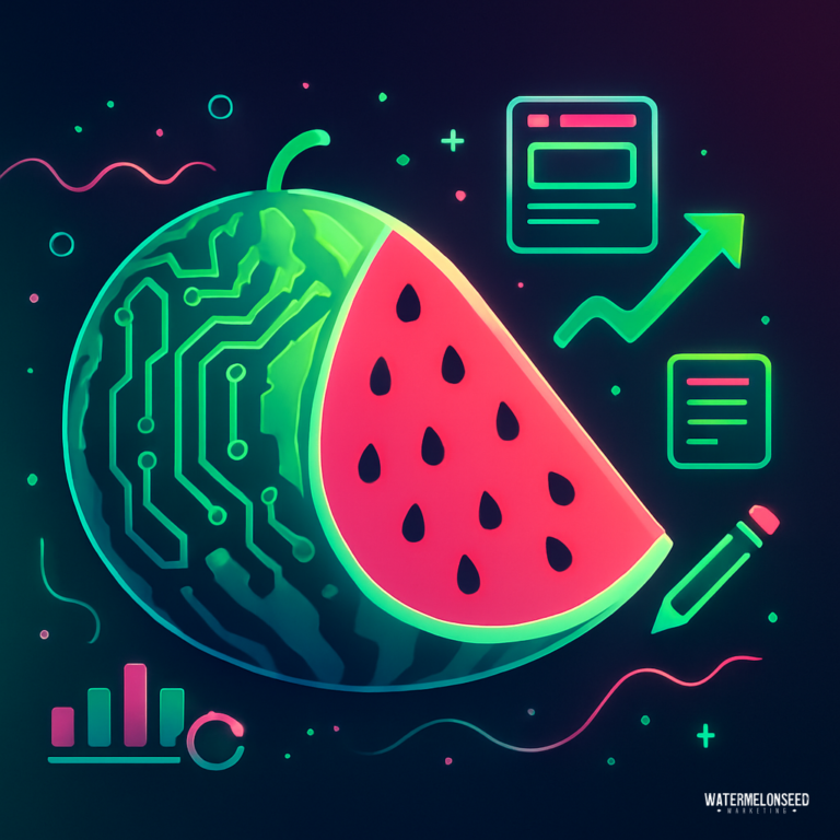A digital illustration of a watermelon with circuit patterns, surrounded by icons of charts, documents, an arrow, and a pencil, symbolizing technology, data, and analysis—as well as the efficiency found in affordable content writing services.