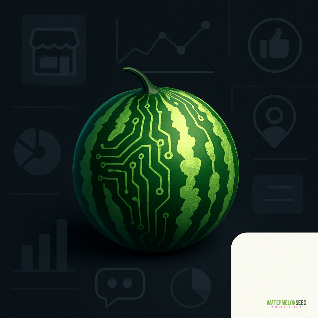 A watermelon with a circuit board pattern on its surface is centered against a background of faint digital business icons, subtly hinting at common Google Business Profile mistakes in the tech-driven business world.
