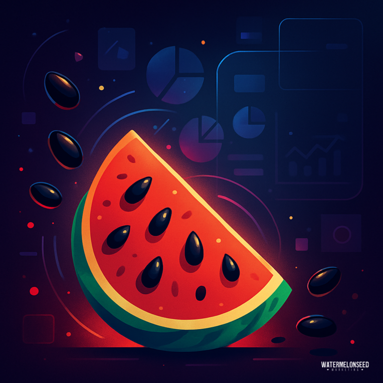 A slice of watermelon with black seeds is surrounded by data charts and graphs on a dark background, visually representing the refreshing results you can achieve with affordable content writing services.