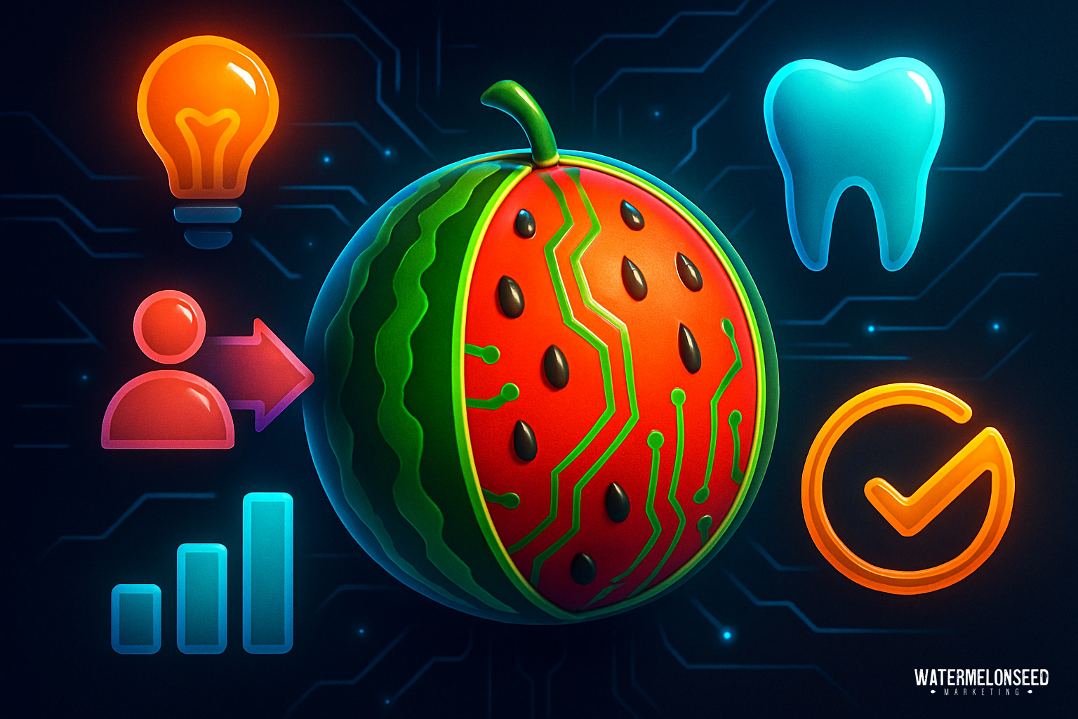 A digital illustration of a watermelon with circuit patterns, surrounded by icons—lightbulb, tooth, check mark, bar chart, and a person with an arrow—symbolizes the integration of technology in patient journey tracking.