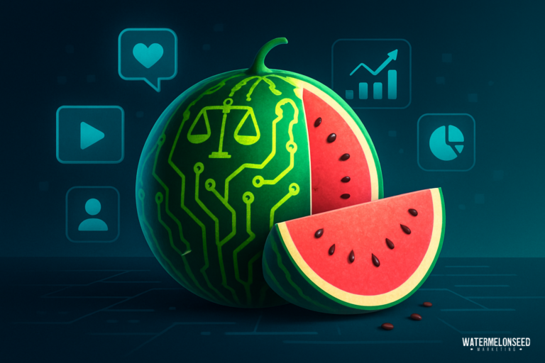 A watermelon with a circuit board pattern is shown with a slice cut out, surrounded by digital icons like charts and symbols, visually representing the innovative approach of content marketing for law firms in today's digitally driven world.