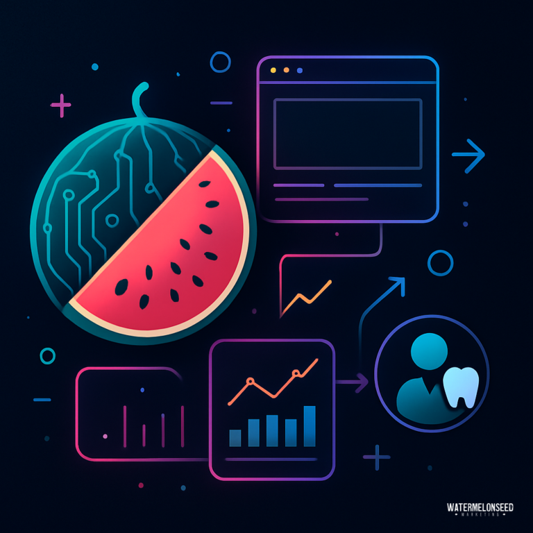 A watermelon slice with circuit patterns is surrounded by digital interface icons, graphs, and user symbols on a dark background, evoking themes of technology and innovation reminiscent of dental conversion tracking systems.