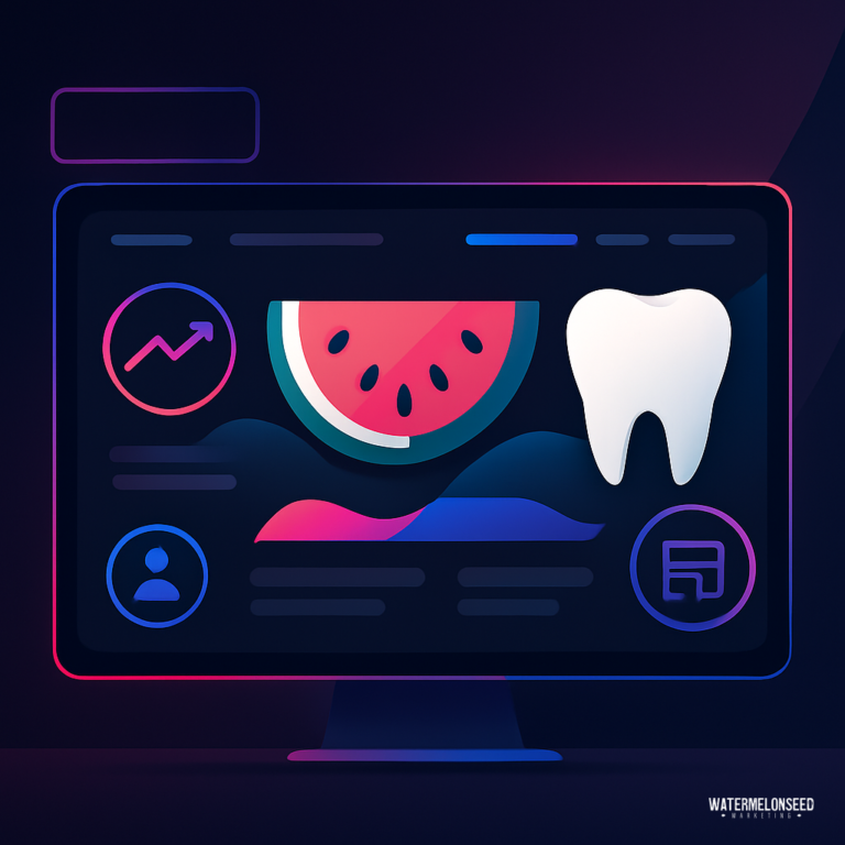 A computer screen displays abstract icons—including a watermelon slice, a tooth, an upward graph symbolizing dental website SEO, a user, and a chat symbol—set against a dark background.