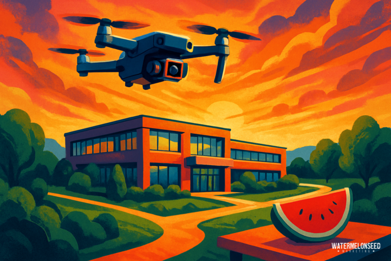 A drone, expertly used for drone videography for real estate, hovers above a red brick building at sunset, flying over a path and trees with a slice of watermelon on a table in the foreground.