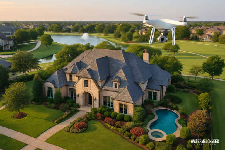 Aerial view of a large stone house with manicured lawn, pool, and drone flying overhead, near a golf course and lake in a suburban neighborhood—perfectly showcasing the property’s features through professional drone videography for real estate.
