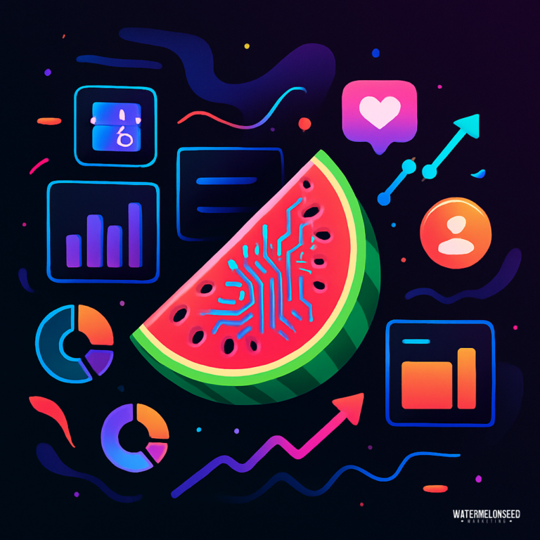 A digital illustration of a watermelon slice with a circuit pattern, surrounded by colorful tech icons, charts, and graphs on a dark background, visually representing Google Business Profile insights in a creative and engaging way.