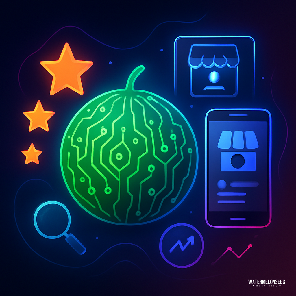 Neon illustration of a watermelon with circuit lines, surrounded by stars, a magnifying glass, graphs, and storefront icons representing tech and online business—perfect for highlighting the importance of Google Business Profile optimization in today’s digital marketplace.