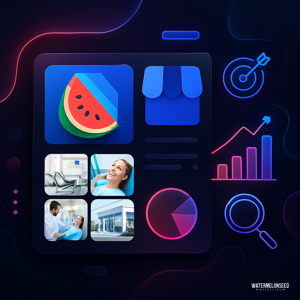 A digital interface with app icons, business graphics, pie and bar charts, and photos of people in professional and dental settings, illustrating tools like Google Business Profile for dentists to enhance their online presence.