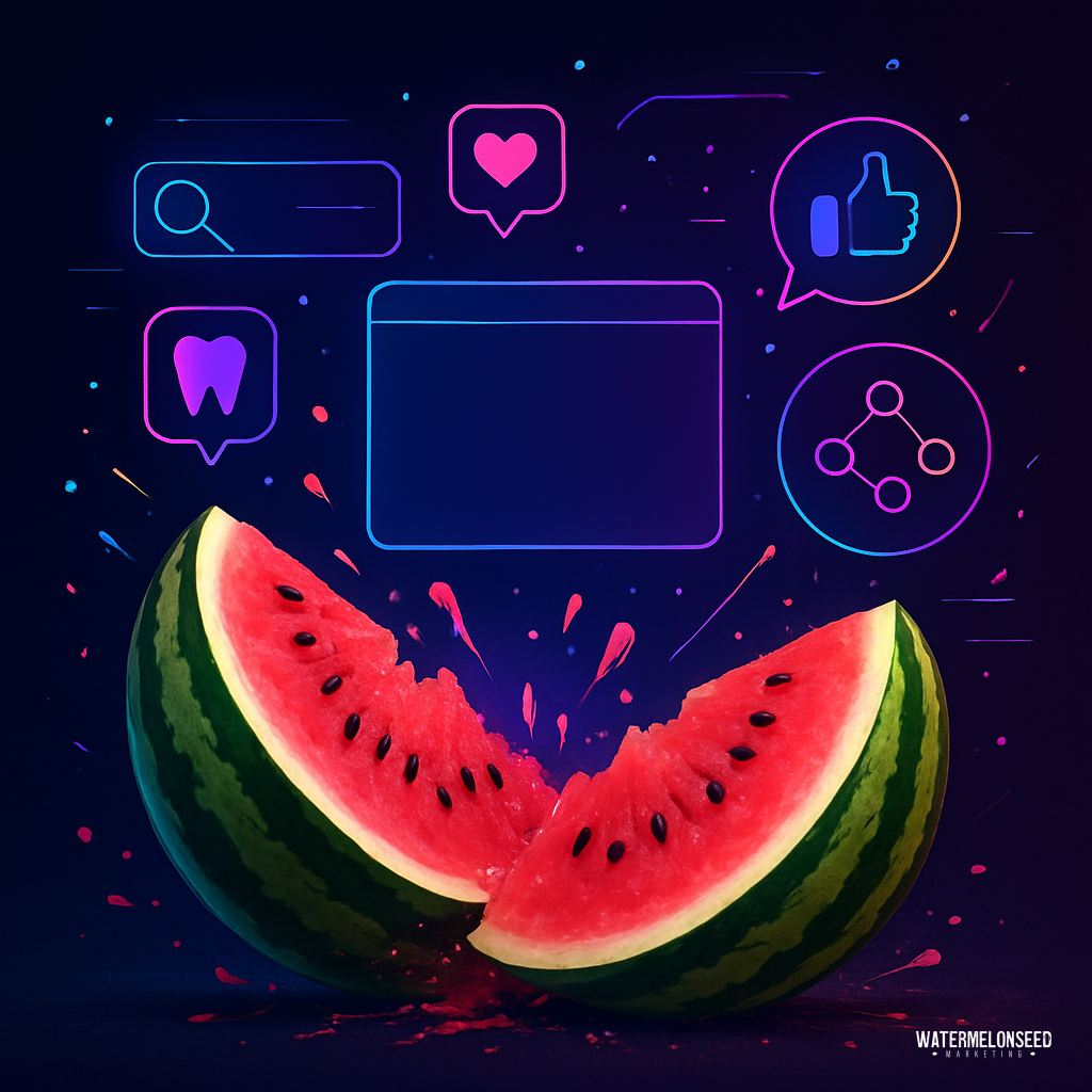 A sliced watermelon sits in front of neon digital icons, including a heart, thumbs up, link, and search bar—evoking the vibrant world of Google search and social media referrals—all set against a dark background.