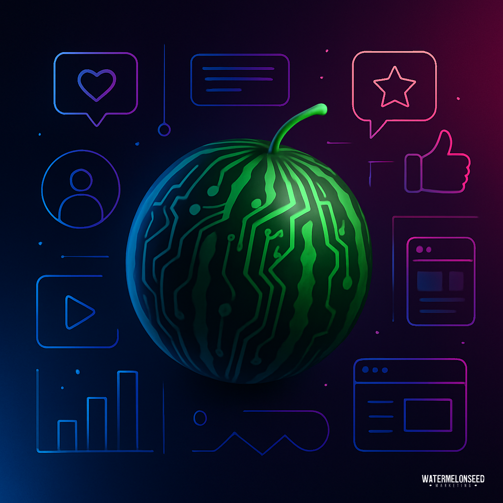 A watermelon with circuit-like patterns is surrounded by digital media icons, symbolizing the fusion of technology, marketing touchpoints, and social media.