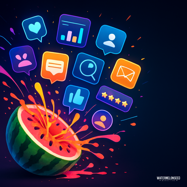 A watermelon bursts open, releasing colorful social media and digital icons like hearts, charts, users, and messages against a dark background—inviting you to ask, “how did you hear about” this vibrant digital explosion?.