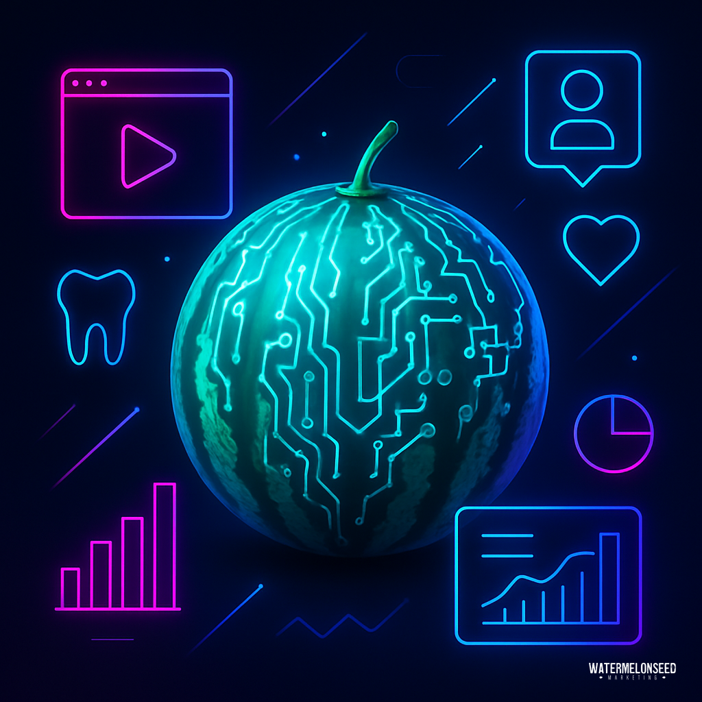 A watermelon with a digital circuit pattern is surrounded by neon icons—including graphs, a tooth, user profile, play button, heart, and a pie chart—on a dark background, symbolizing the vibrant energy and connectivity of modern digital advertising.
