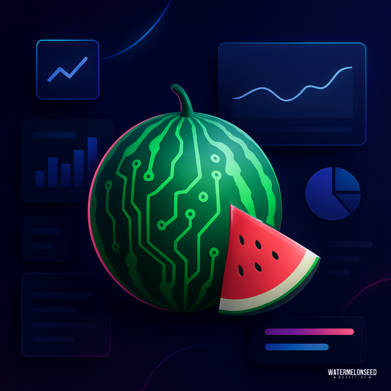 A watermelon with a circuit board pattern and a slice cut out, surrounded by digital charts and graphs on a dark background, visually represents the integration of performance analytics tools for digital marketing.