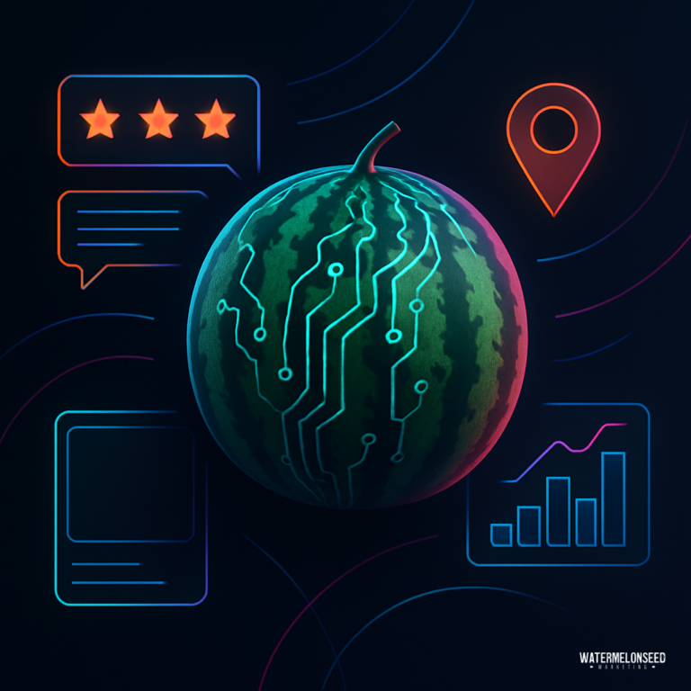 A watermelon with circuit patterns is surrounded by icons of a star rating, location pin, chat bubble, document, and bar chart on a dark background—symbolizing the impact of reviews and local SEO in the digital landscape.