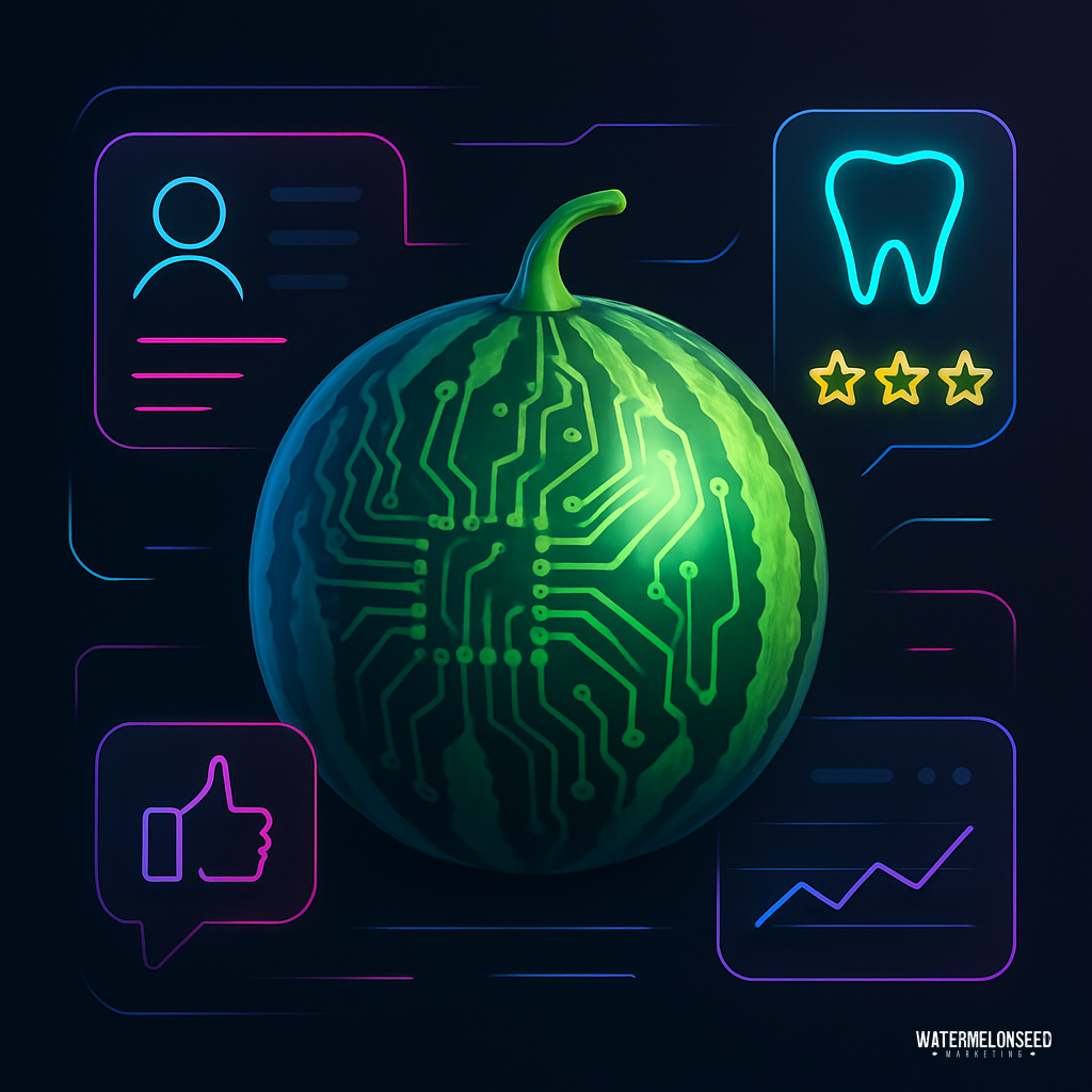A watermelon with circuit patterns is surrounded by icons, including a tooth, a thumbs up, charts, and a profile—suggesting a blend of technology, health, and data. This imaginative scene subtly hints at concepts like how to get dental reviews through innovative digital solutions.