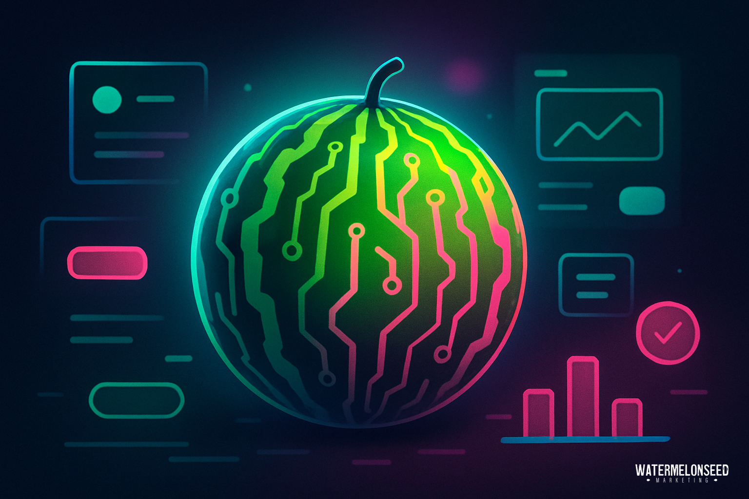 A digital illustration of a watermelon with circuit board patterns, surrounded by data charts and interface elements on a dark background, visually explores the impact of web design on conversion rates through its fusion of technology and analytics.