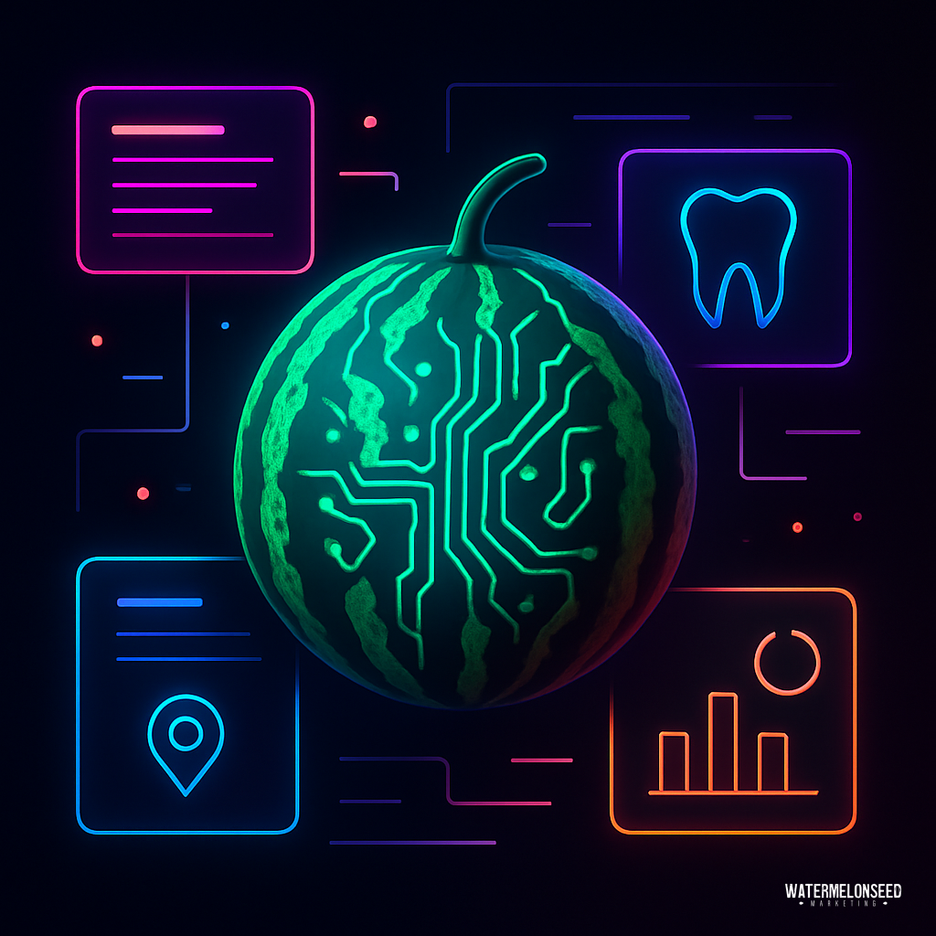 A neon watermelon with circuit patterns is surrounded by glowing icons, including a tooth, chart, location pin, references to dental citations, and text boxes on a dark background.