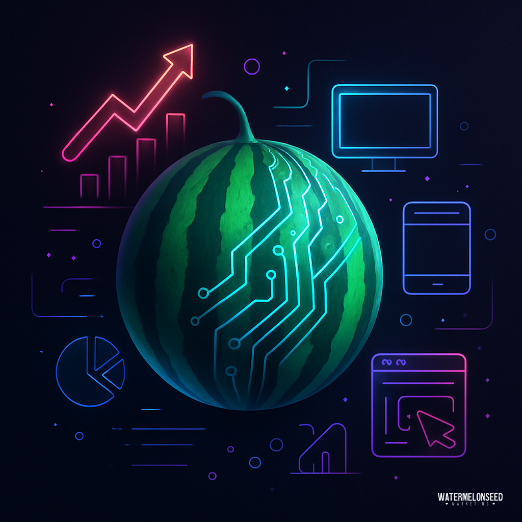 A watermelon with digital circuit patterns is surrounded by icons of graphs, a computer, and a smartphone, symbolizing technology and data analysis—perfectly capturing the dynamic environment where SEO vs PPC advertising strategies intersect.