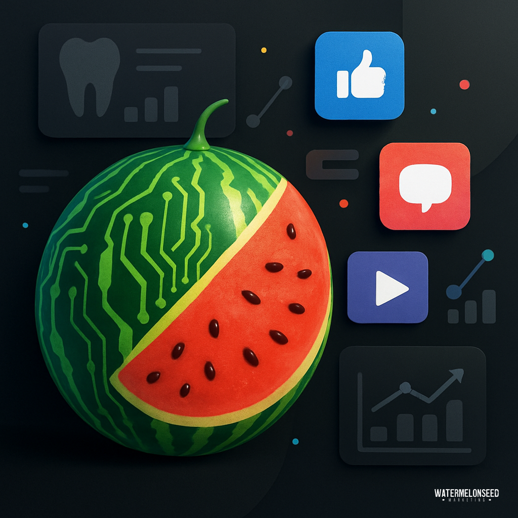 A watermelon with a circuit pattern on its rind is surrounded by social media and data icons, illustrating the concept of last-click attribution, all set against a dark background.