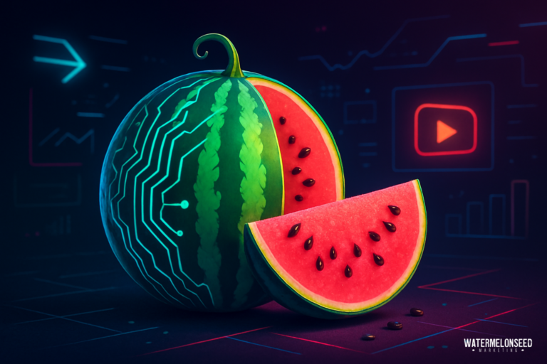 A sliced watermelon with circuit-like patterns on its rind sits on a dark surface, while digital interface graphics in the background subtly hint at the dynamic possibilities of YouTube advertising for small businesses.