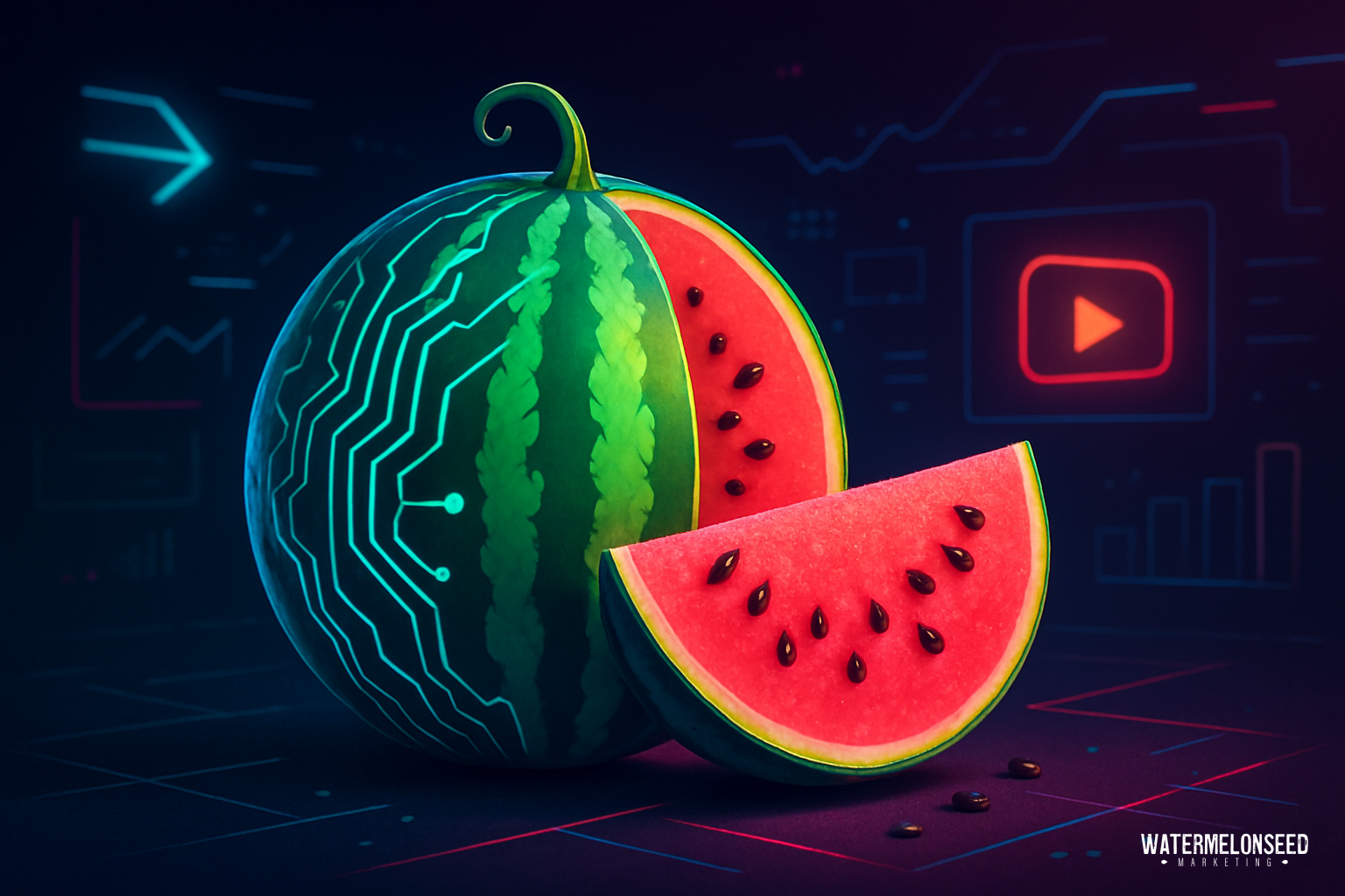 A sliced watermelon with circuit-like patterns on its rind sits on a dark surface, while digital interface graphics in the background subtly hint at the dynamic possibilities of YouTube advertising for small businesses.