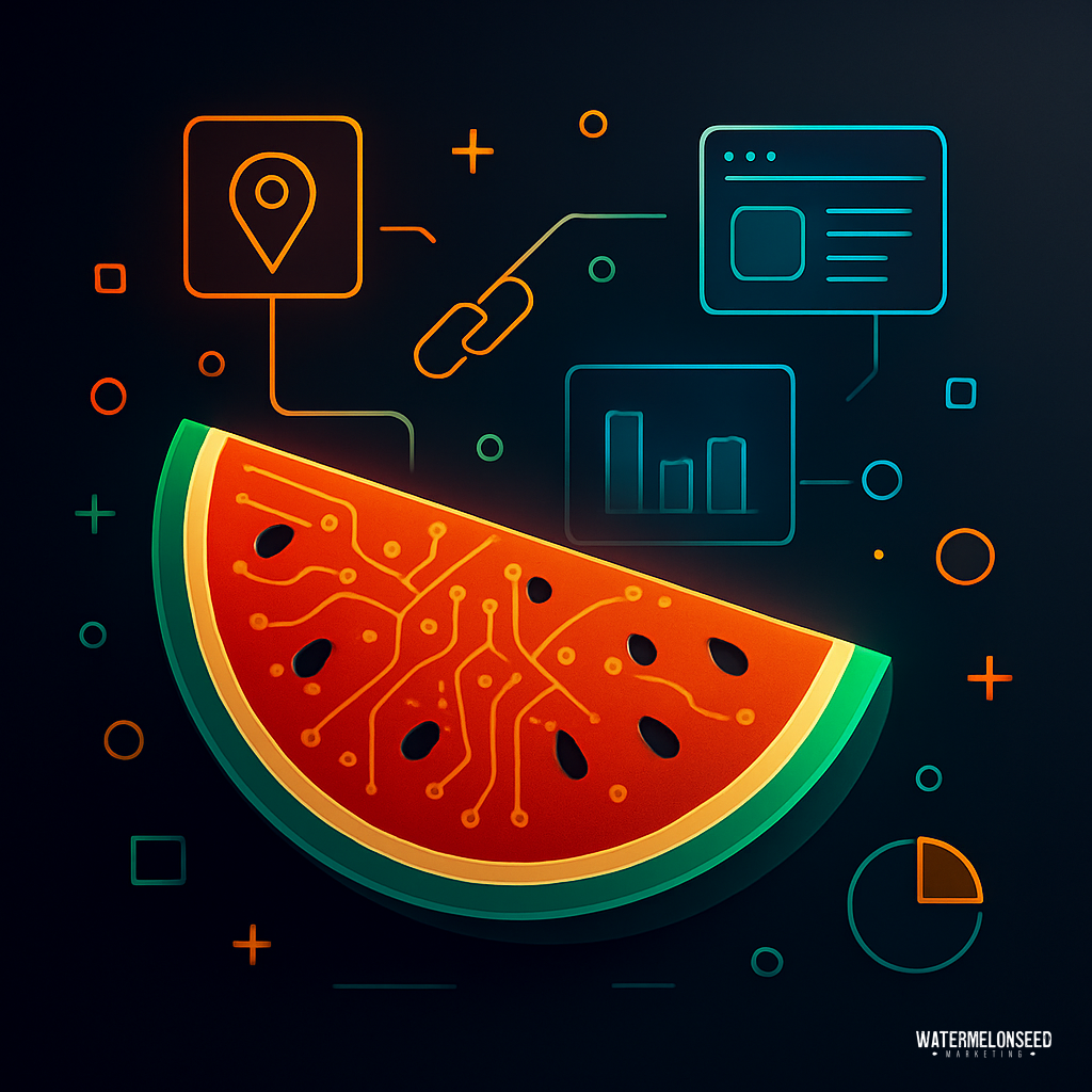 A stylized watermelon slice with digital circuit patterns, surrounded by abstract icons representing data, charts, and connectivity on a dark background—an imaginative visual metaphor for building local backlinks for dentists in the digital landscape.