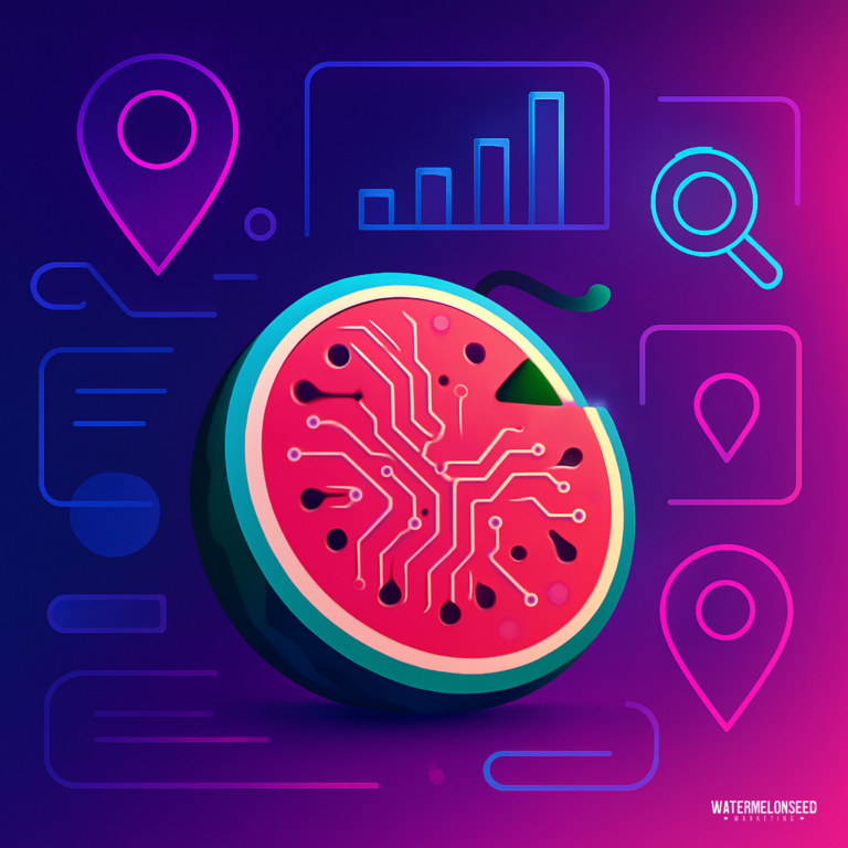 A watermelon slice with circuit patterns is set against a digital background of graphs, map pins, and search icons, symbolizing the innovative strategies behind Local SEO for Dentists.