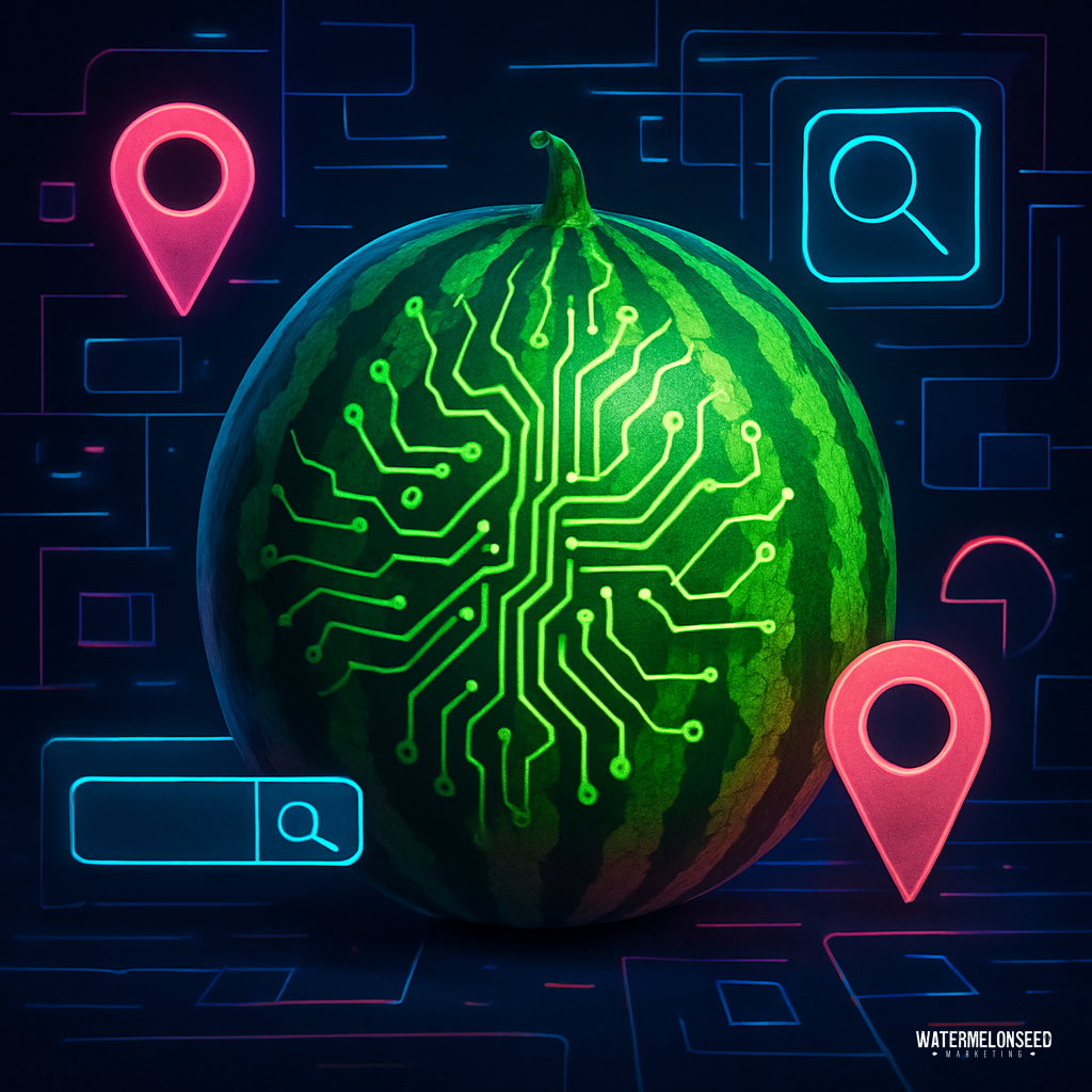 A watermelon with a glowing circuit pattern is surrounded by digital map icons and search symbols on a dark background, symbolizing the impact of local SEO mistakes for dentists in navigating the digital landscape.
