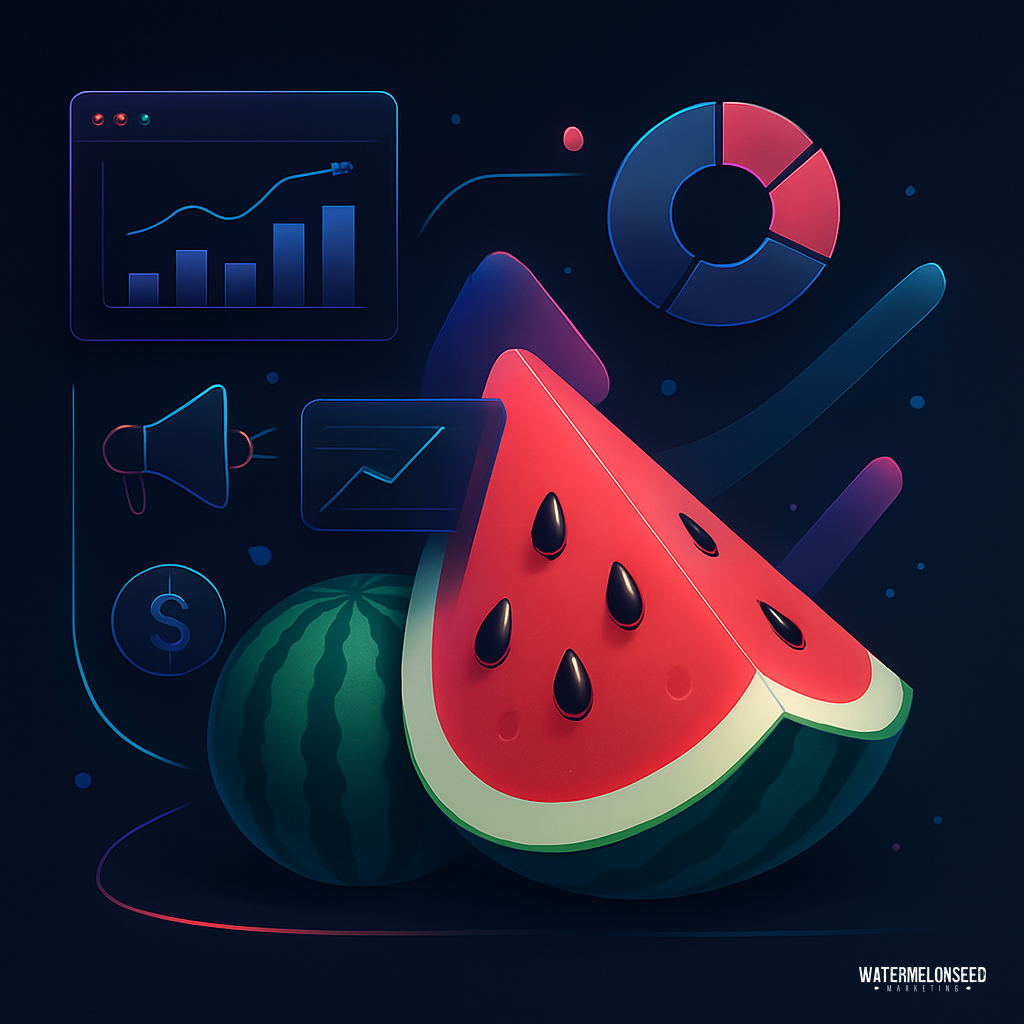 Two watermelon slices and a whole watermelon are surrounded by digital graphs, charts, and business icons on a dark background, visually representing the concept of marketing budget optimization.
