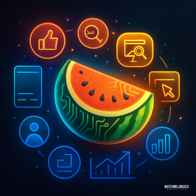 A stylized watermelon slice with circuit patterns is surrounded by glowing digital icons representing technology, data, and communication on a dark background, illustrating the diverse marketing channels producing patients in today’s digital landscape.