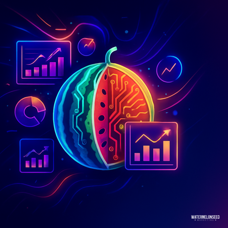 A half watermelon with circuit patterns is surrounded by glowing graphs and charts, creatively blending technology, data analytics themes, and marketing metrics.