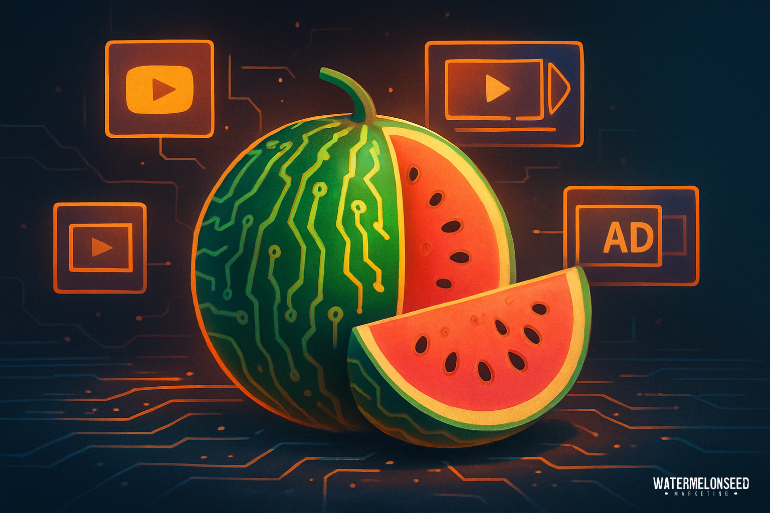 A watermelon with circuit-like patterns is sliced open, surrounded by digital video and ad icons on a dark, tech-inspired background—an eye-catching visual that perfectly captures the concept of YouTube advertising for small businesses.