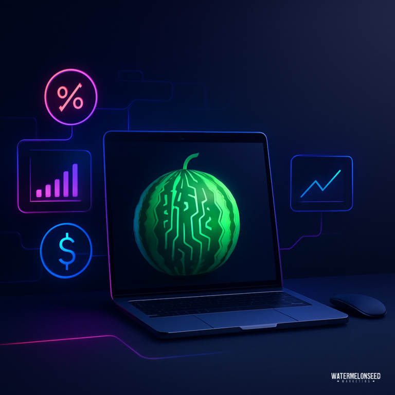 A laptop displaying a digital watermelon on screen, surrounded by finance-related icons including a dollar sign, percentage, and bar graph—perfectly illustrating the use of performance analytics tools for digital marketing.