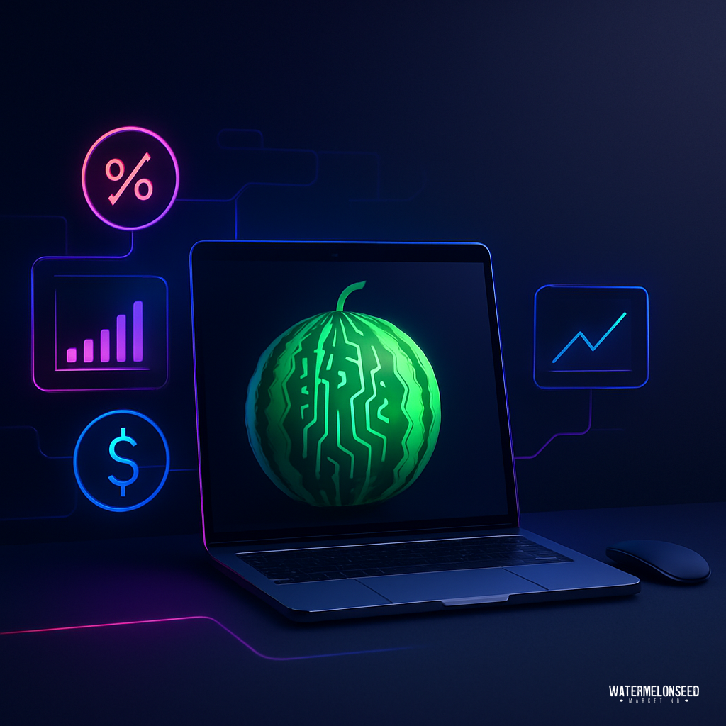 A laptop displaying a digital watermelon on screen, surrounded by finance-related icons including a dollar sign, percentage, and bar graph—perfectly illustrating the use of performance analytics tools for digital marketing.