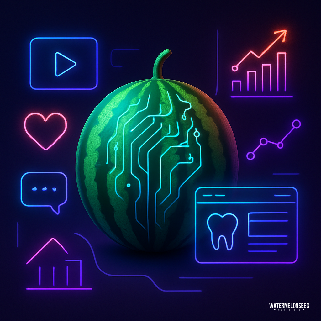 A watermelon with digital circuit patterns is surrounded by neon icons, including charts, a heart, a play button, and a dental webpage—symbolizing the importance of Google Business Profile optimization for modern practices.