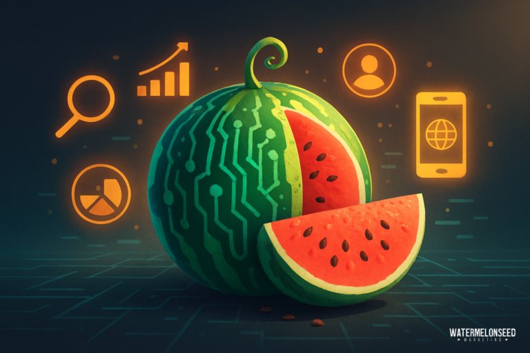 A watermelon with a circuit board pattern sits beside a slice, surrounded by digital icons representing data, search, and mobile technology—visually illustrating the impact of best SEO practices for small businesses in today’s digital landscape.