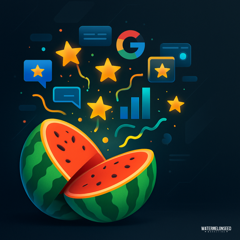 A sliced watermelon with floating icons of stars, charts, messages, and the Google logo—symbolizing dental Google reviews—set against a dark background.