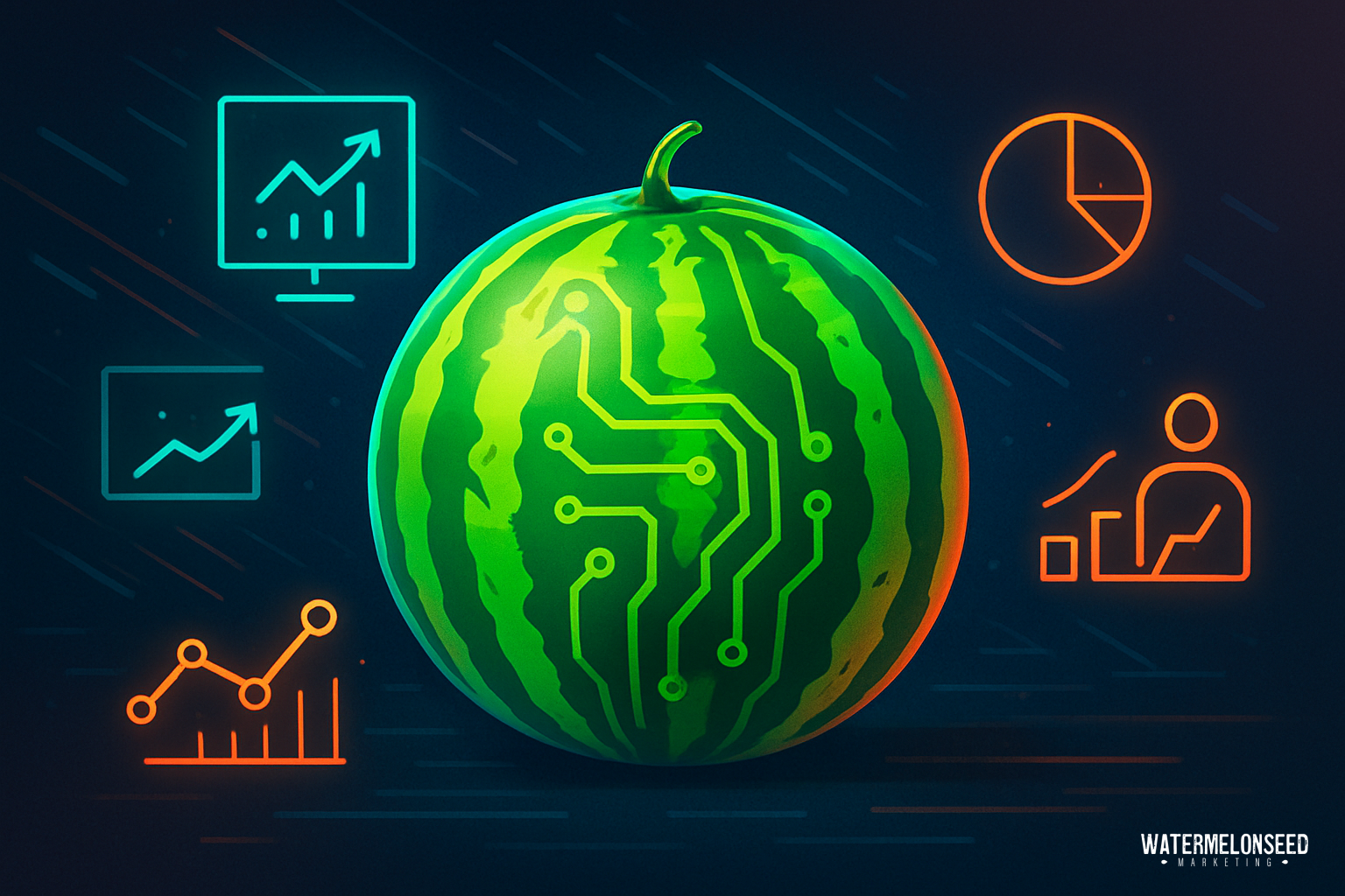 A watermelon with circuit patterns is surrounded by neon icons of charts, graphs, and a businessperson, symbolizing the intersection of technology and data analysis and highlighting the importance of performance analytics in marketing.