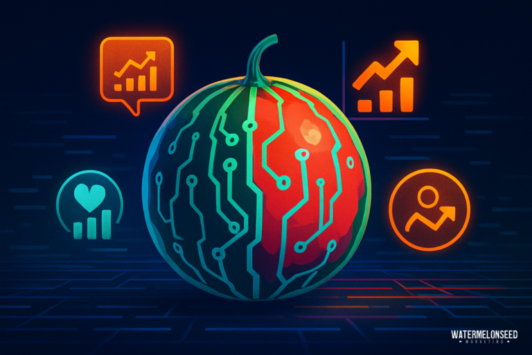 A watermelon with a circuit board pattern is surrounded by icons of graphs, stats, and a heart, symbolizing data analysis and technology and highlighting the importance of performance analytics in marketing.