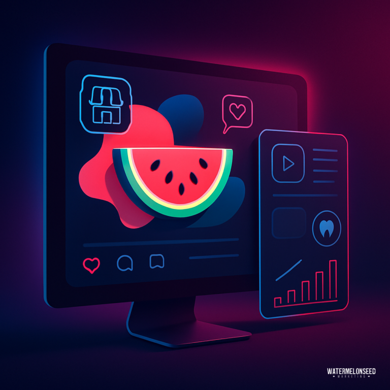 A neon-themed illustration of a computer monitor and smartphone displaying social media interfaces—featuring a stylized watermelon slice and various icons like hearts, chat bubbles, and Google Business Profile posts.