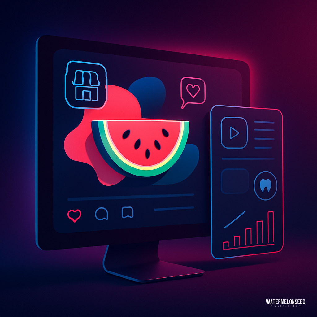 A neon-themed illustration of a computer monitor and smartphone displaying social media interfaces—featuring a stylized watermelon slice and various icons like hearts, chat bubbles, and Google Business Profile posts.